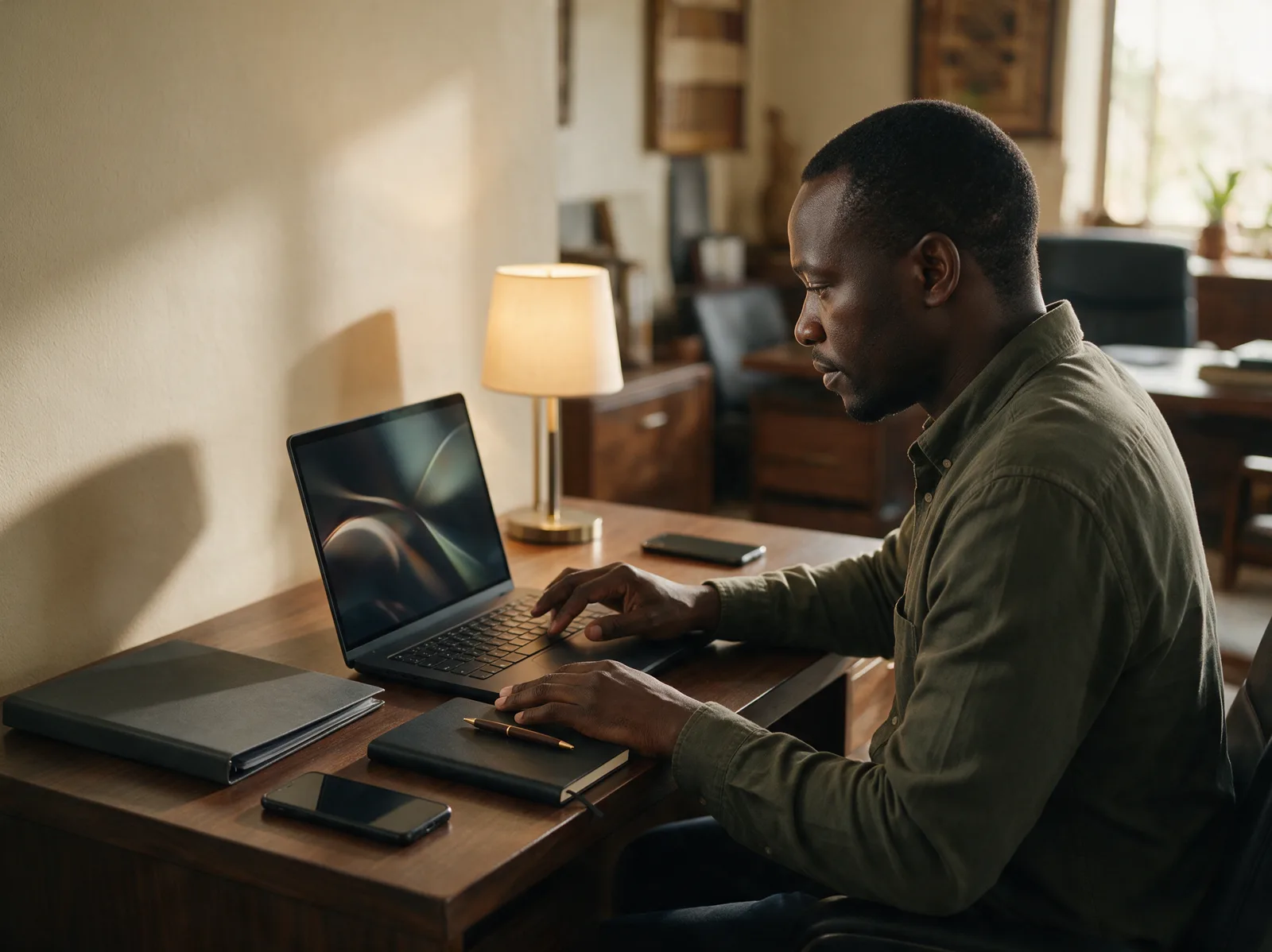 An adviser typing at a laptop in a study lit by a warm lamp