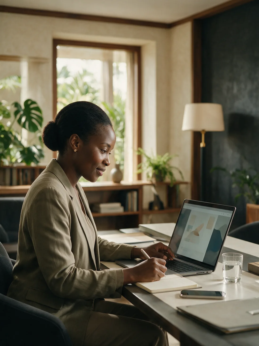 An adviser writing notes beside her laptop in an elegant office with plants