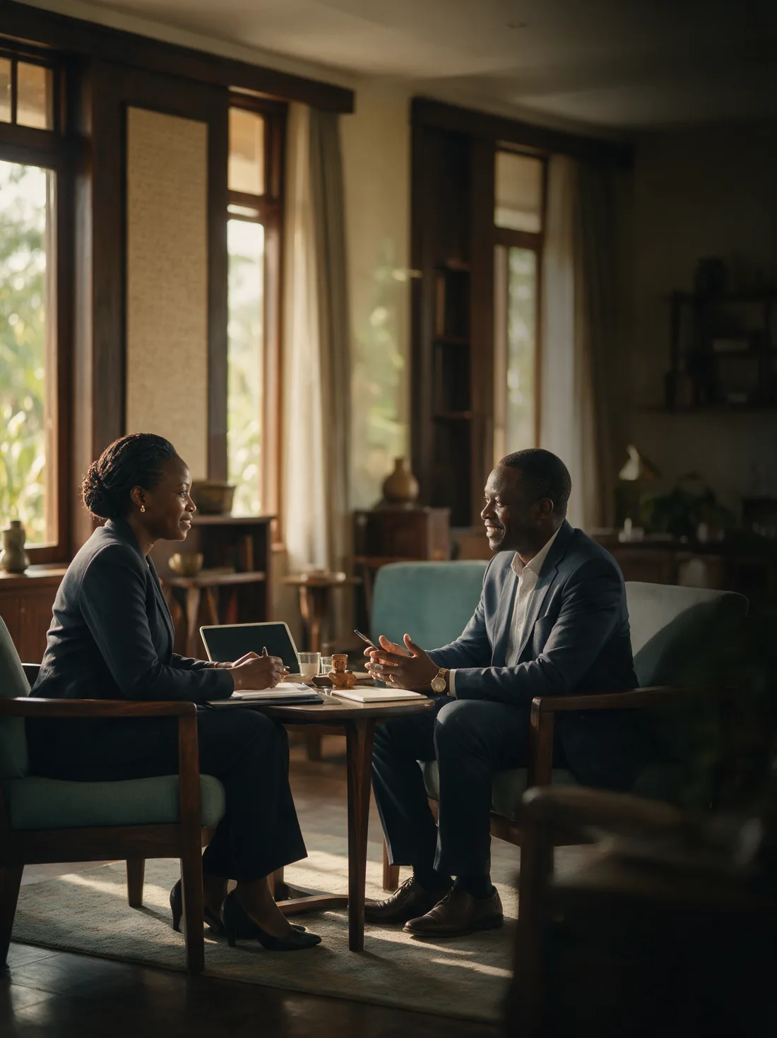 An adviser and client seated in armchairs in a sunlit lounge with a tablet and notebooks between them