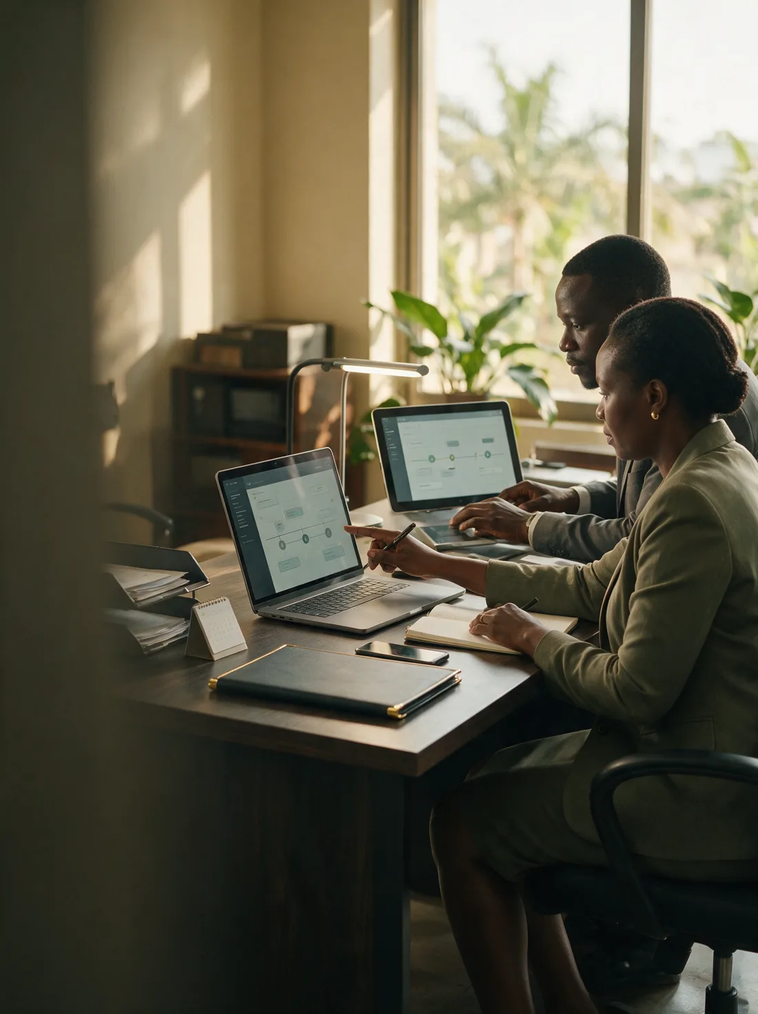 Two analysts in golden light with laptops showing timeline dashboards