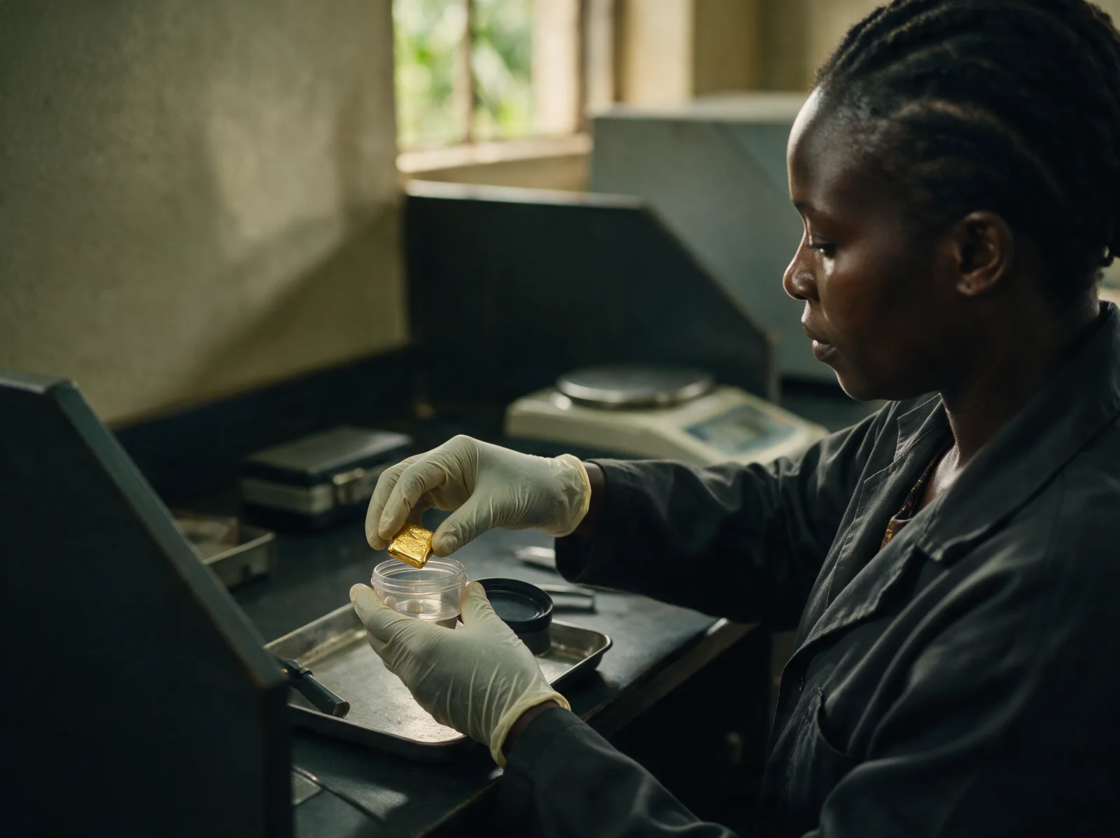 A gloved technician places a small gold bar into a specimen container at the assay bench