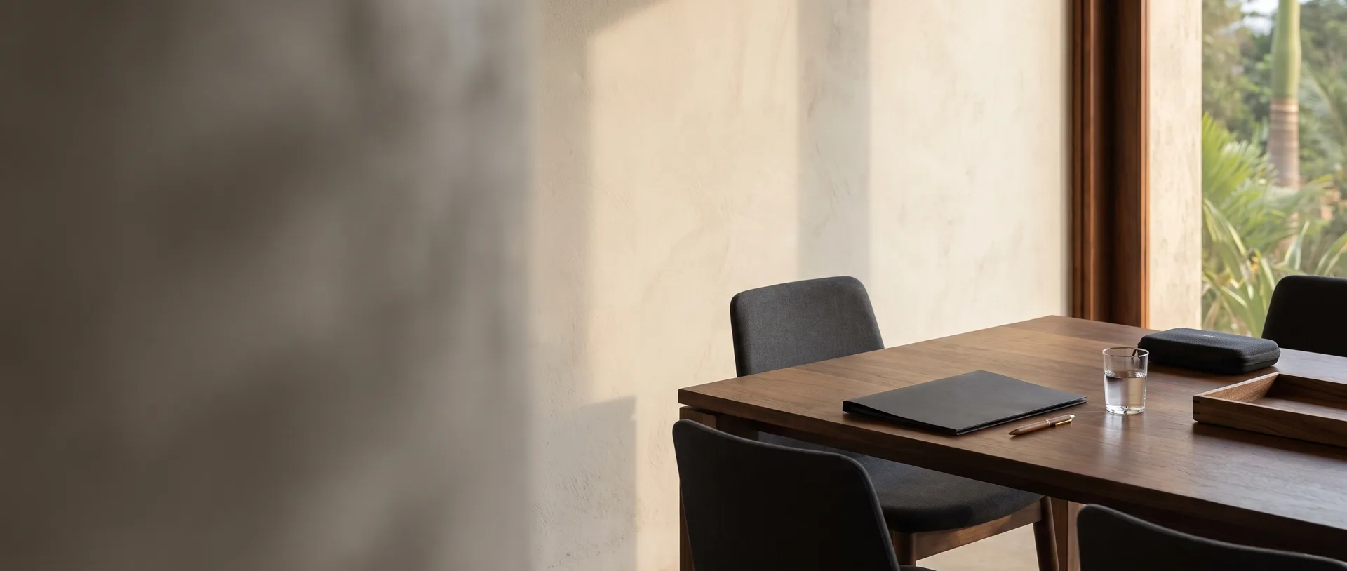 A quiet boardroom table beside a bright window, prepared for the next meeting