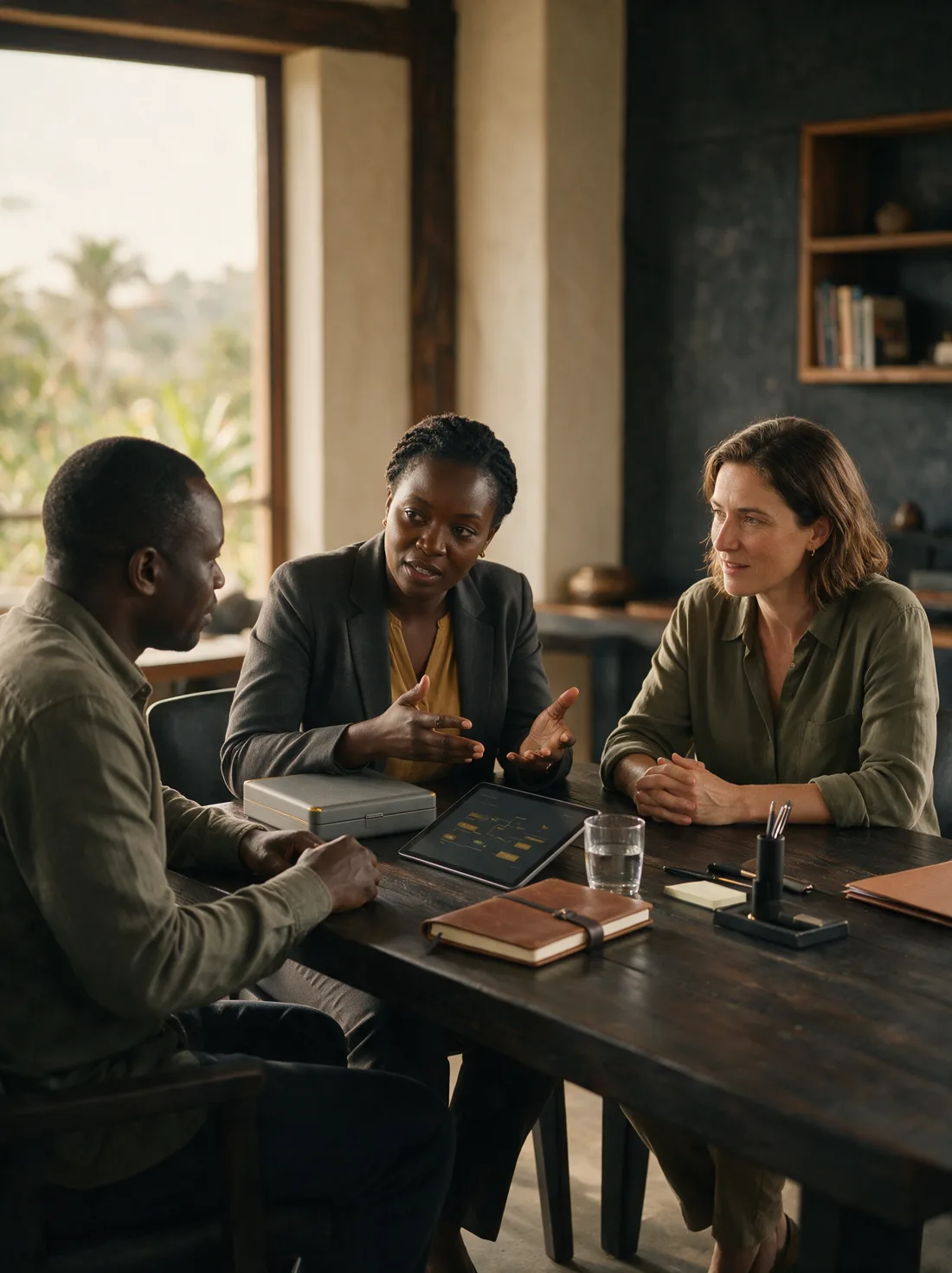 An adviser presenting a gold-flow interface on a tablet to an international buyer, a silver case on the table