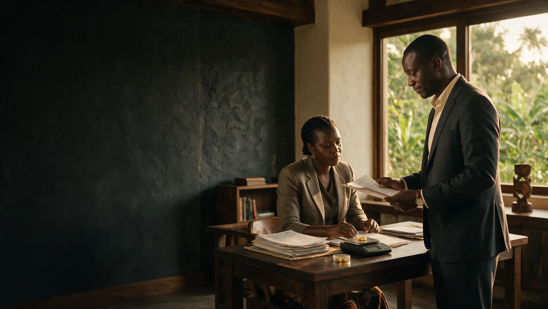 An adviser at a desk with a precision scale and gold while a client reads an assay report