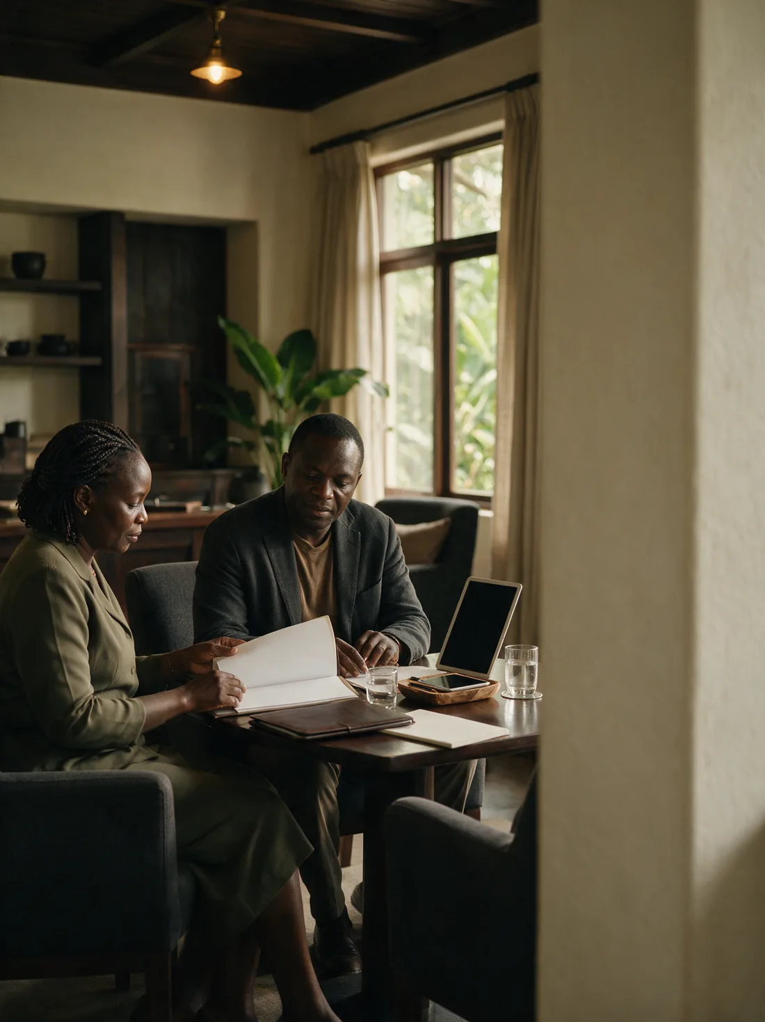 A couple reviewing an open document folder at a table with a tablet on a stand