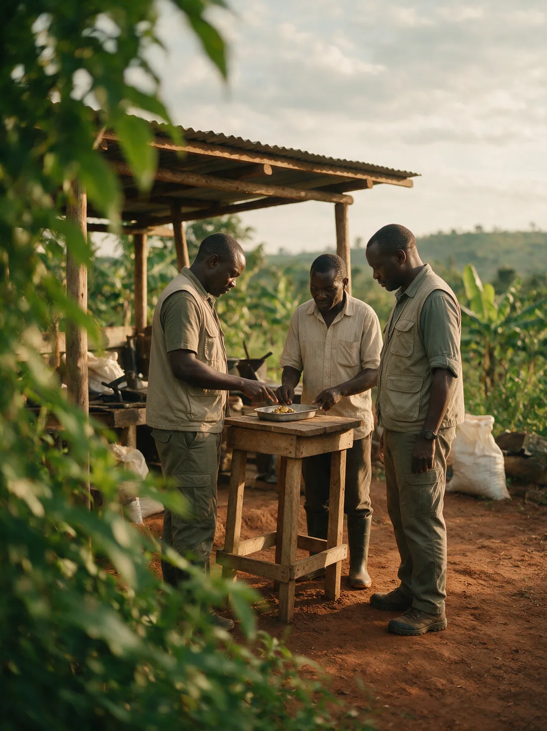 Field officers inspecting raw gold under a wooden shelter at a rural sourcing site