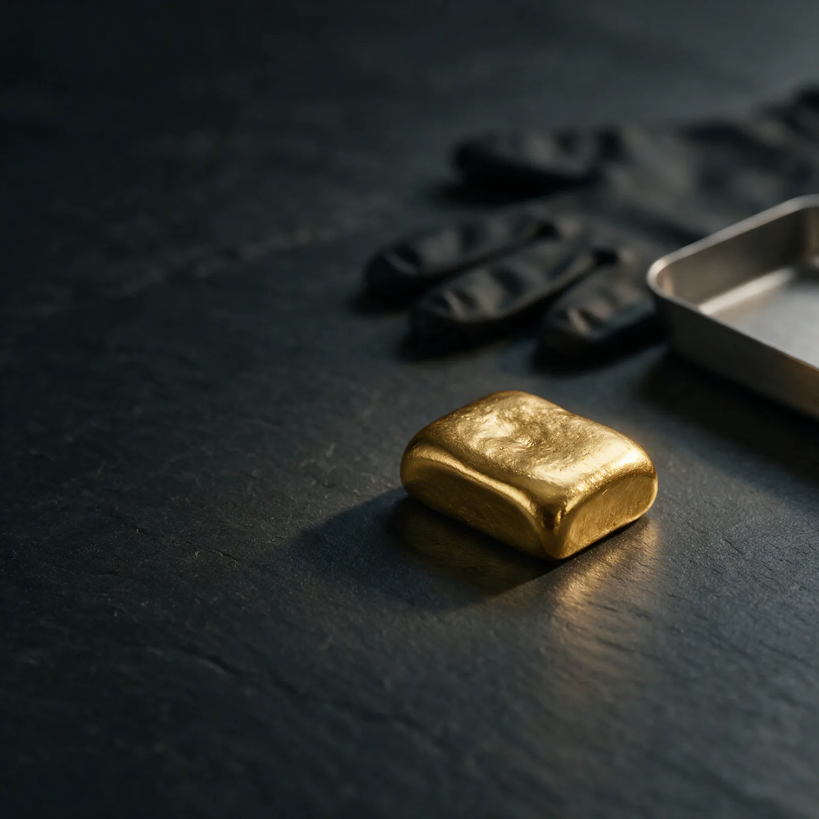 A single gold bar resting on dark slate beside black handling gloves and a steel tray