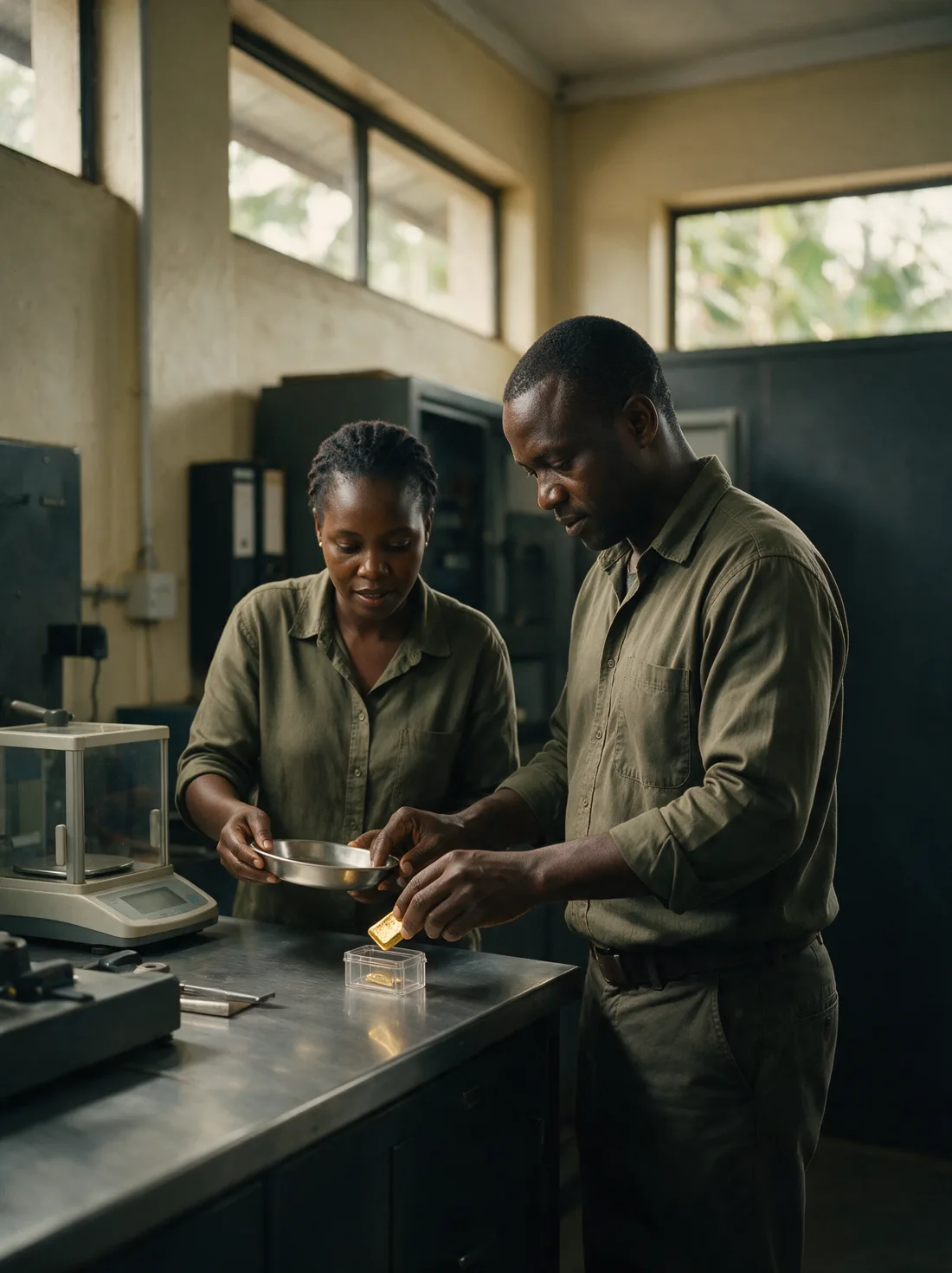 Two technicians at a steel laboratory bench inspecting a small gold bar above a clear case
