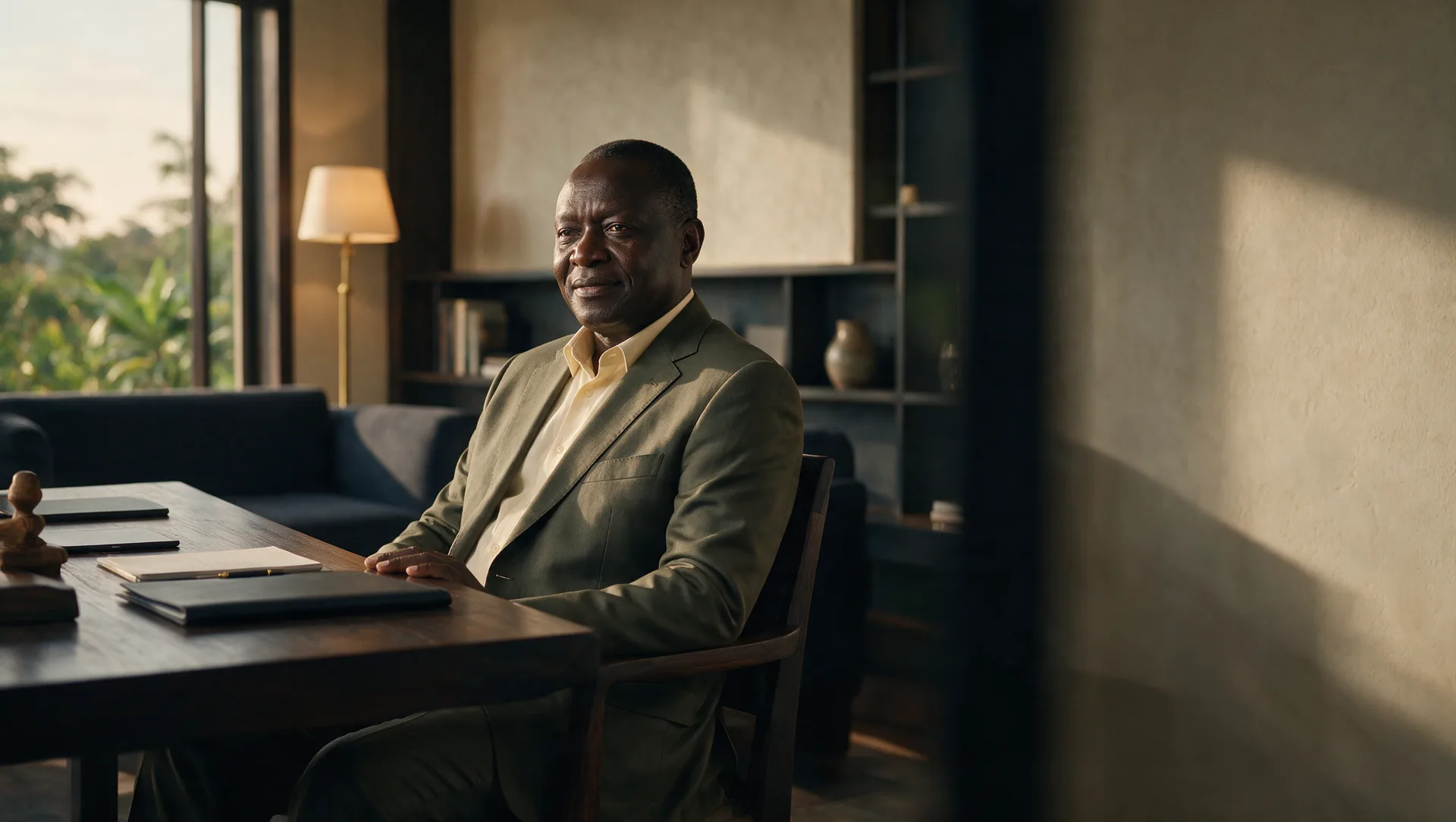 A composed senior adviser in an olive suit seated at his desk in warm light