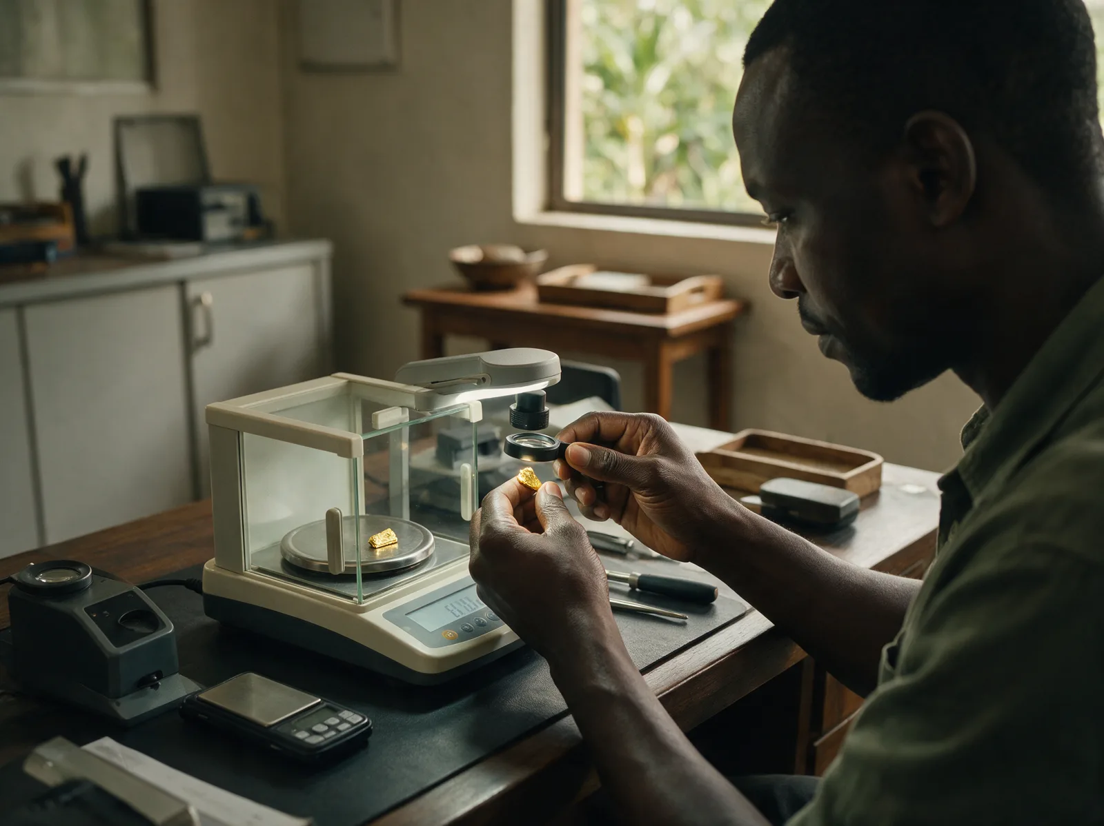 A technician examining a gold nugget through a loupe beside a precision balance