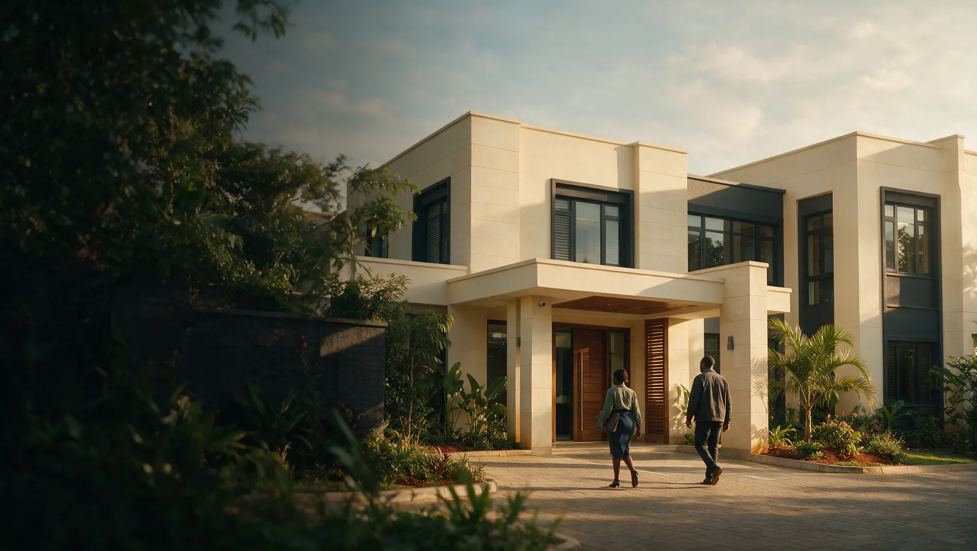 The Ubuntu Gold Uganda office — a modern cream and charcoal building approached by two colleagues at golden hour