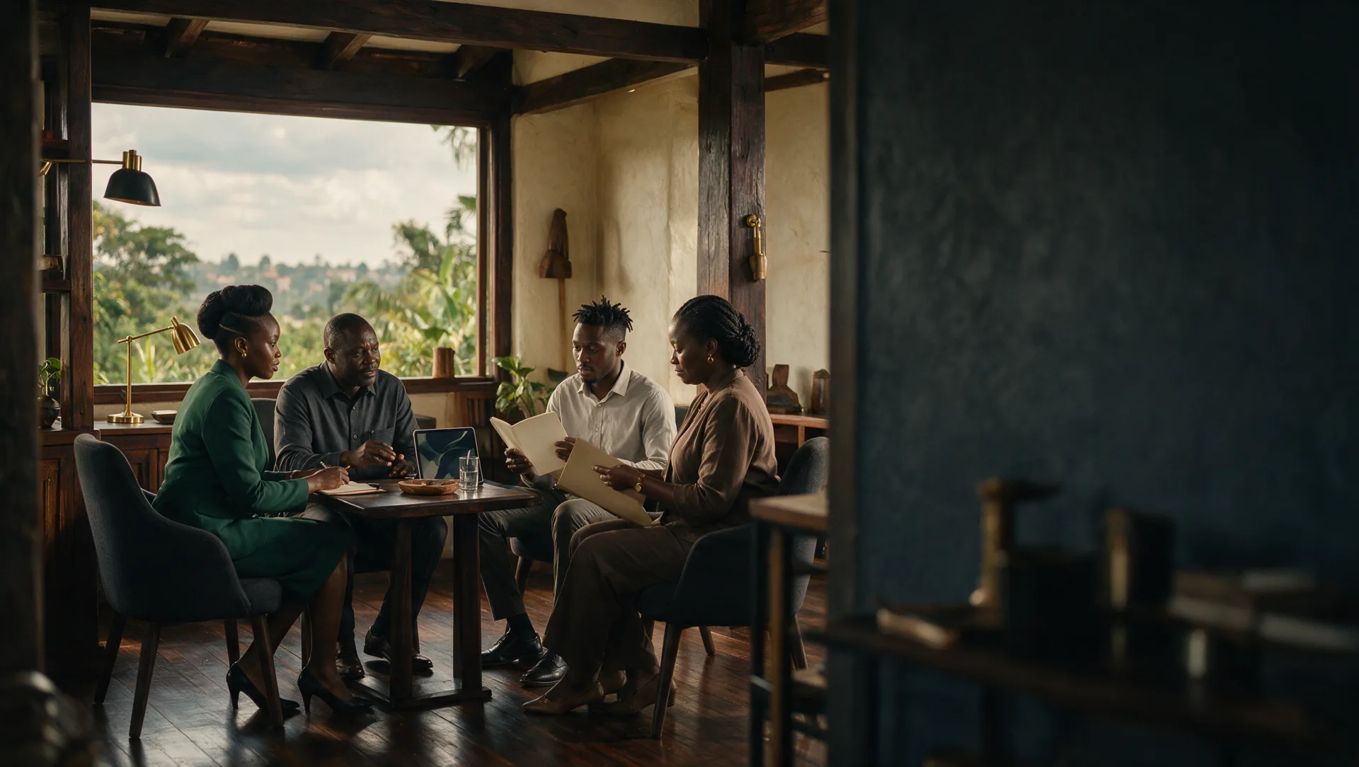Four professionals meeting at a table beside a window with a view over the city