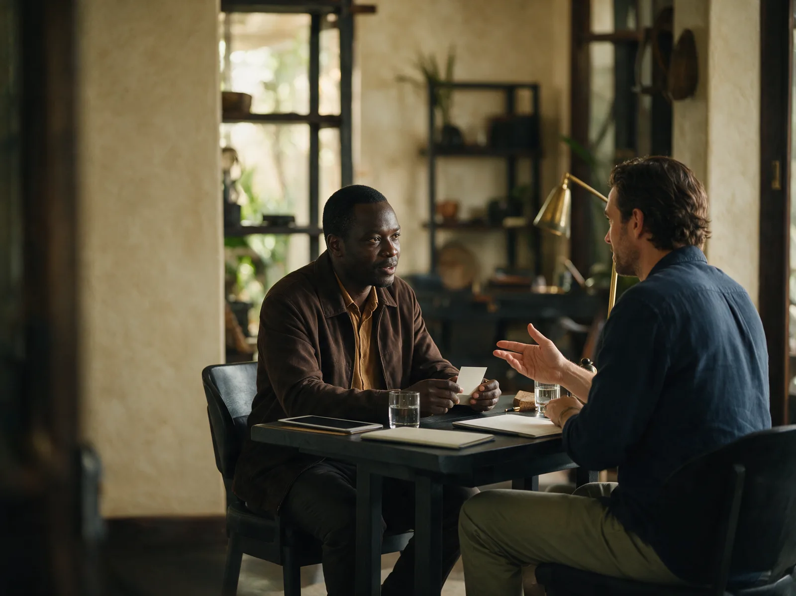 A one-on-one consultation between an adviser and a European client at a black table lit by a brass lamp
