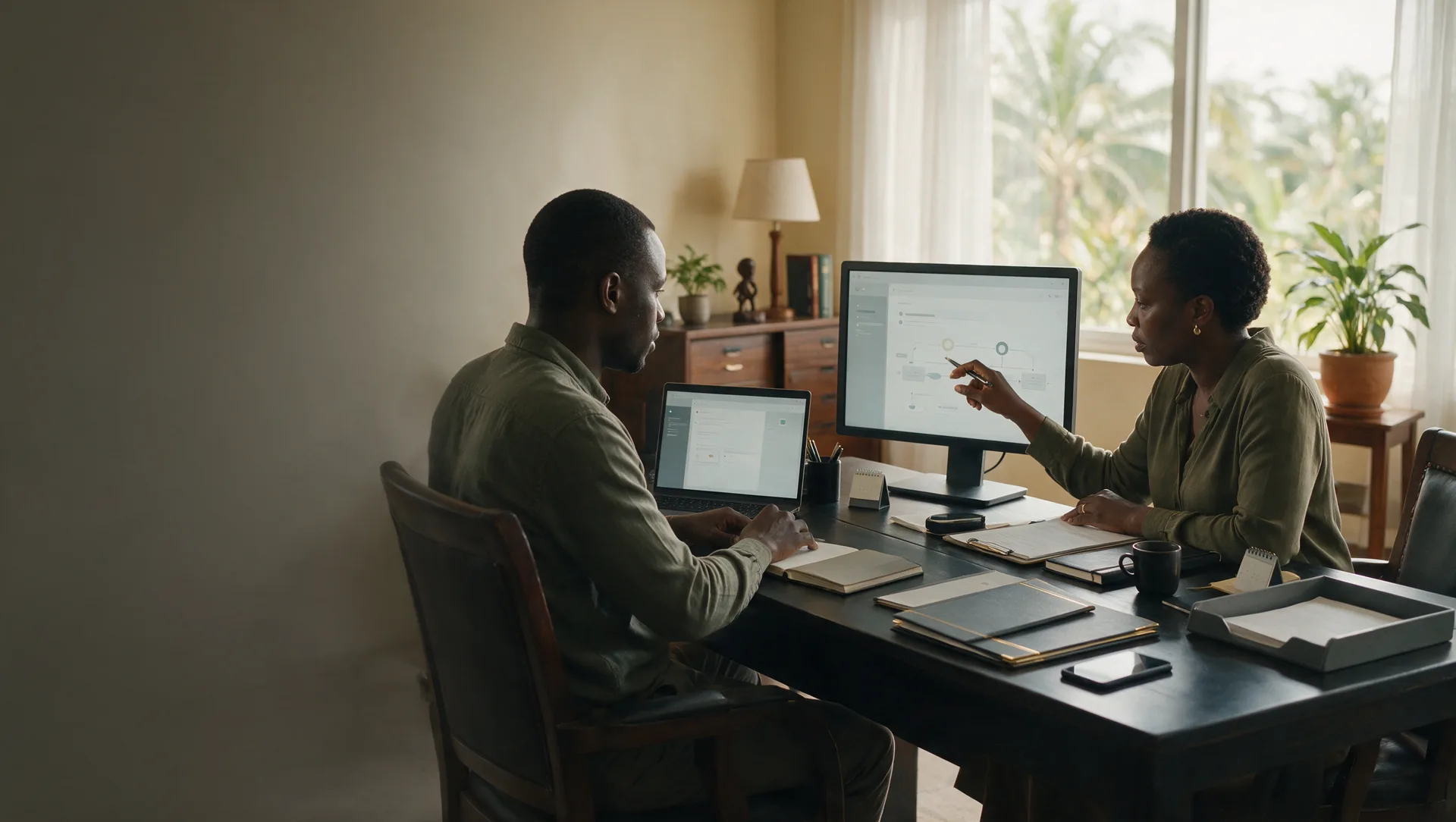 Two colleagues at a monitor and laptop discussing a transaction process flow