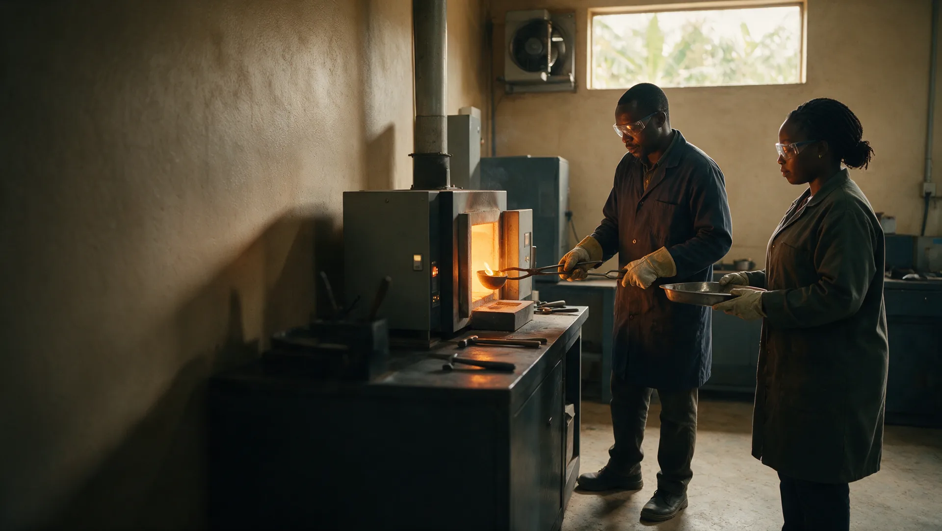 Two technicians in safety glasses at a glowing furnace, one holding a ladle of molten gold