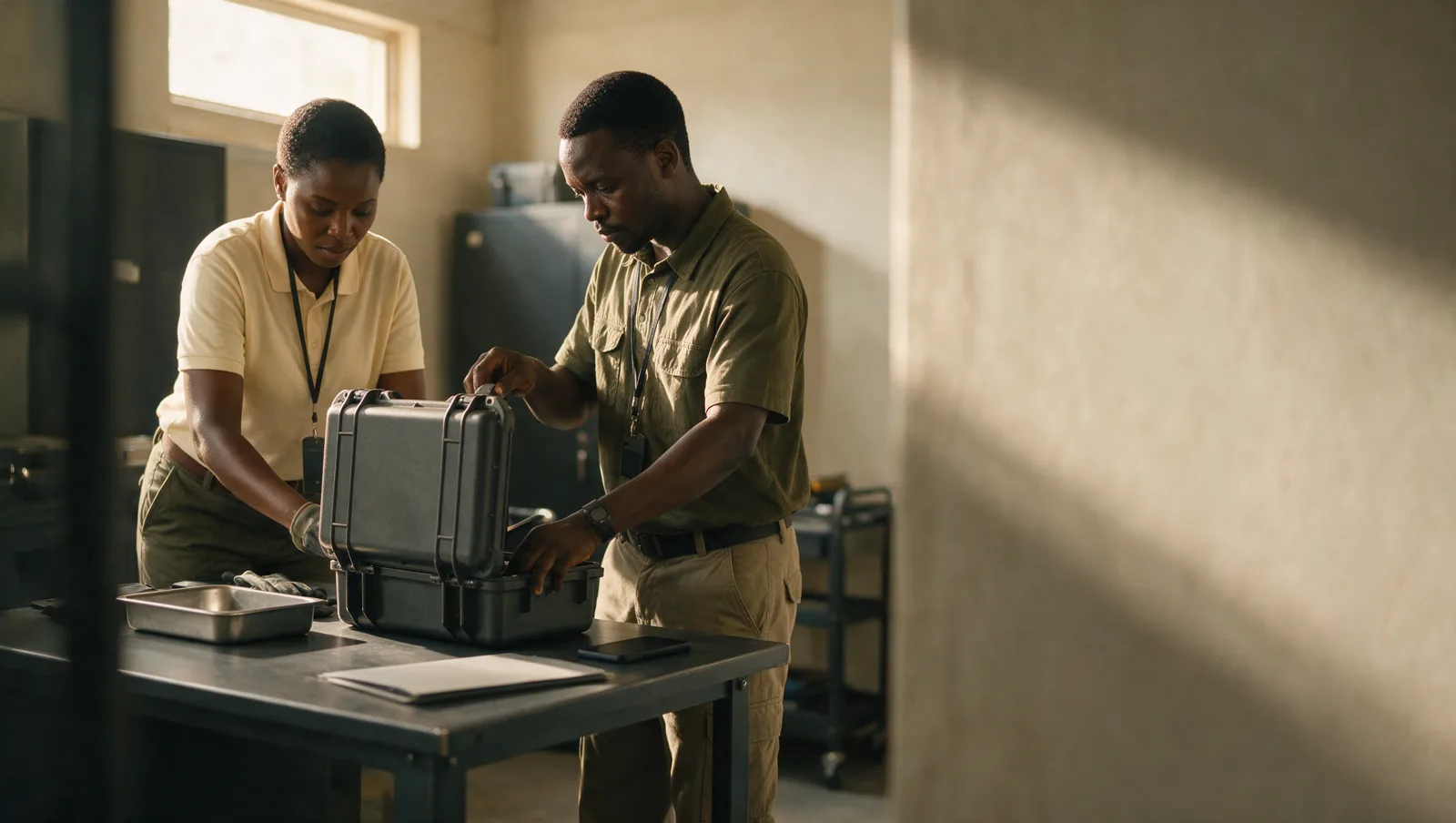 Two staff members packing a hard transport case in a plain, secure room