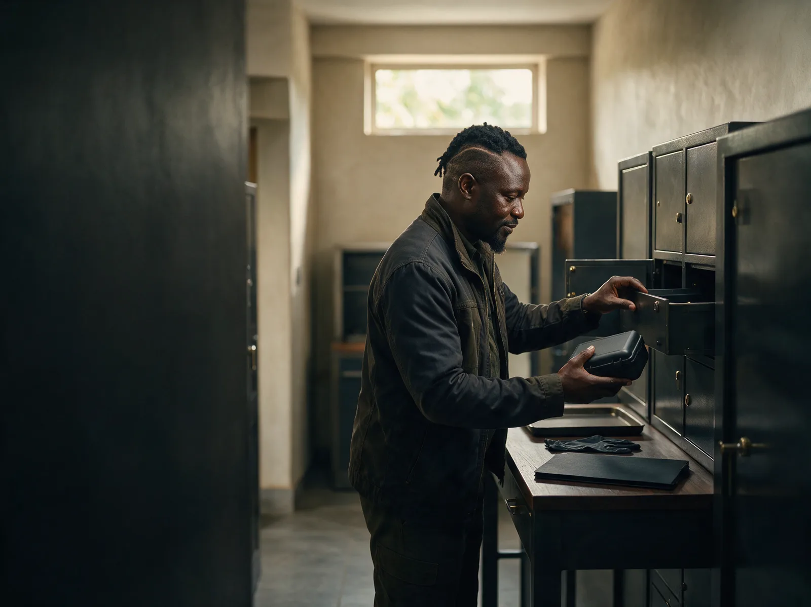 A staff member retrieving a case from a wall of black vault lockers