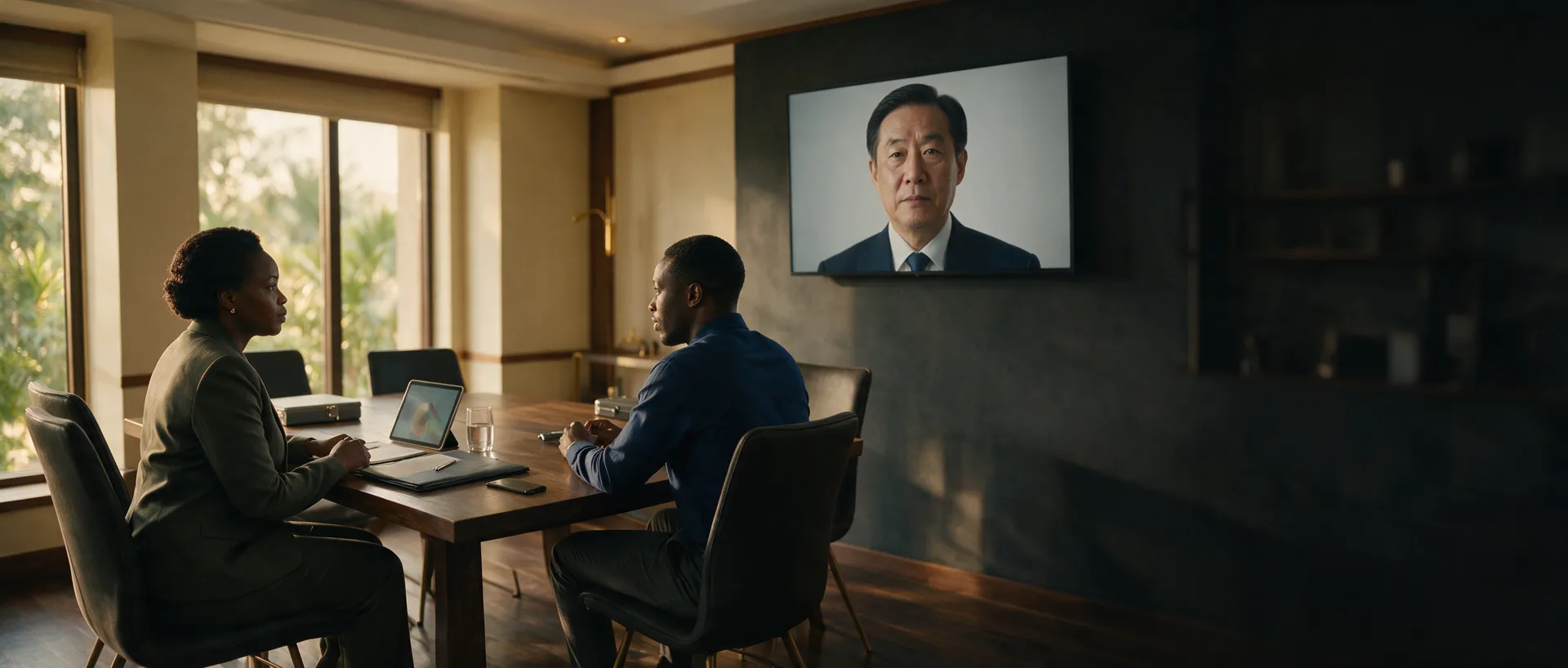 Two advisers on a video call with an East Asian buyer shown on a wall screen