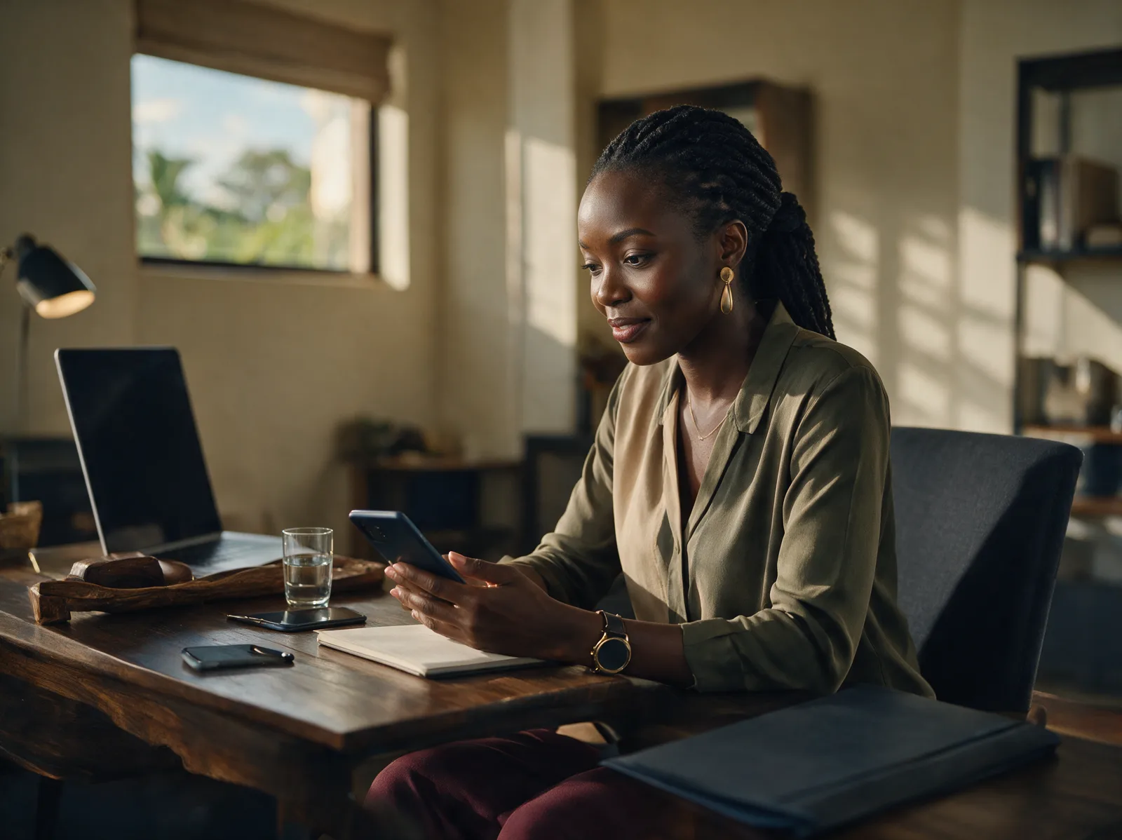 An adviser at her desk using her phone in warm morning light